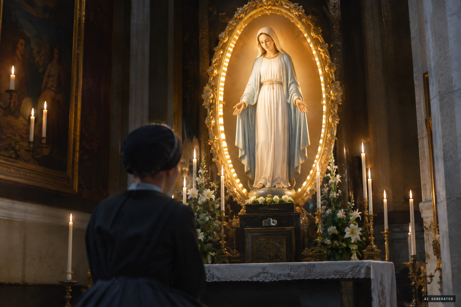 An oval frame forms around the Virgin