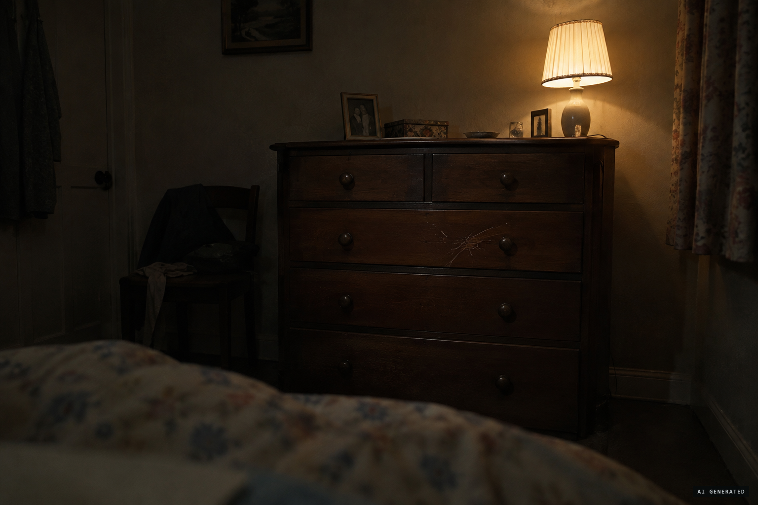 A scratching begins in the drawer of the dresser in Sam Jones's bedroom