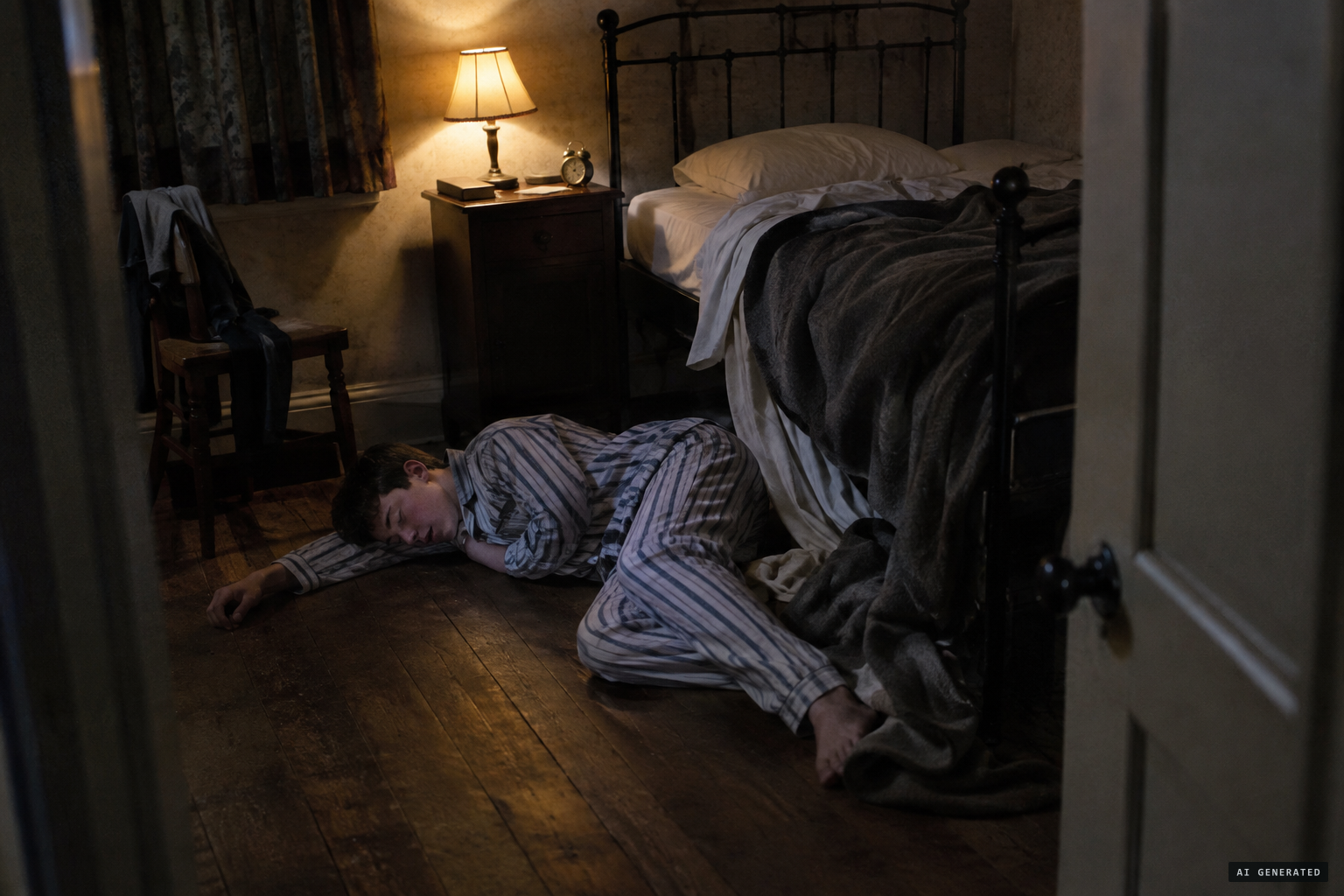 John is lifted from his bed and deposited on the floor