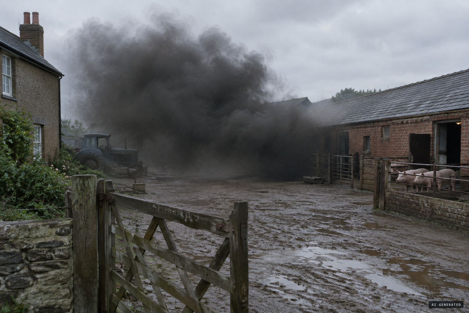 A black cloud moves about Pool Farm, where pigs were dying