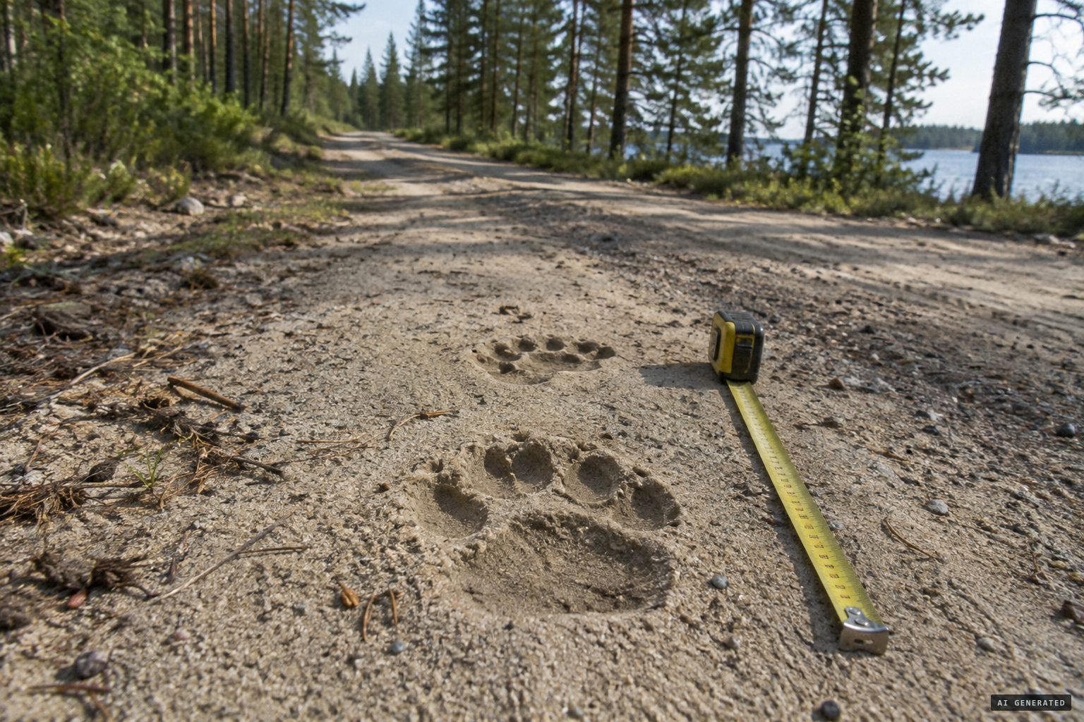 Large cat paw prints on a sandy forest road, 27 June