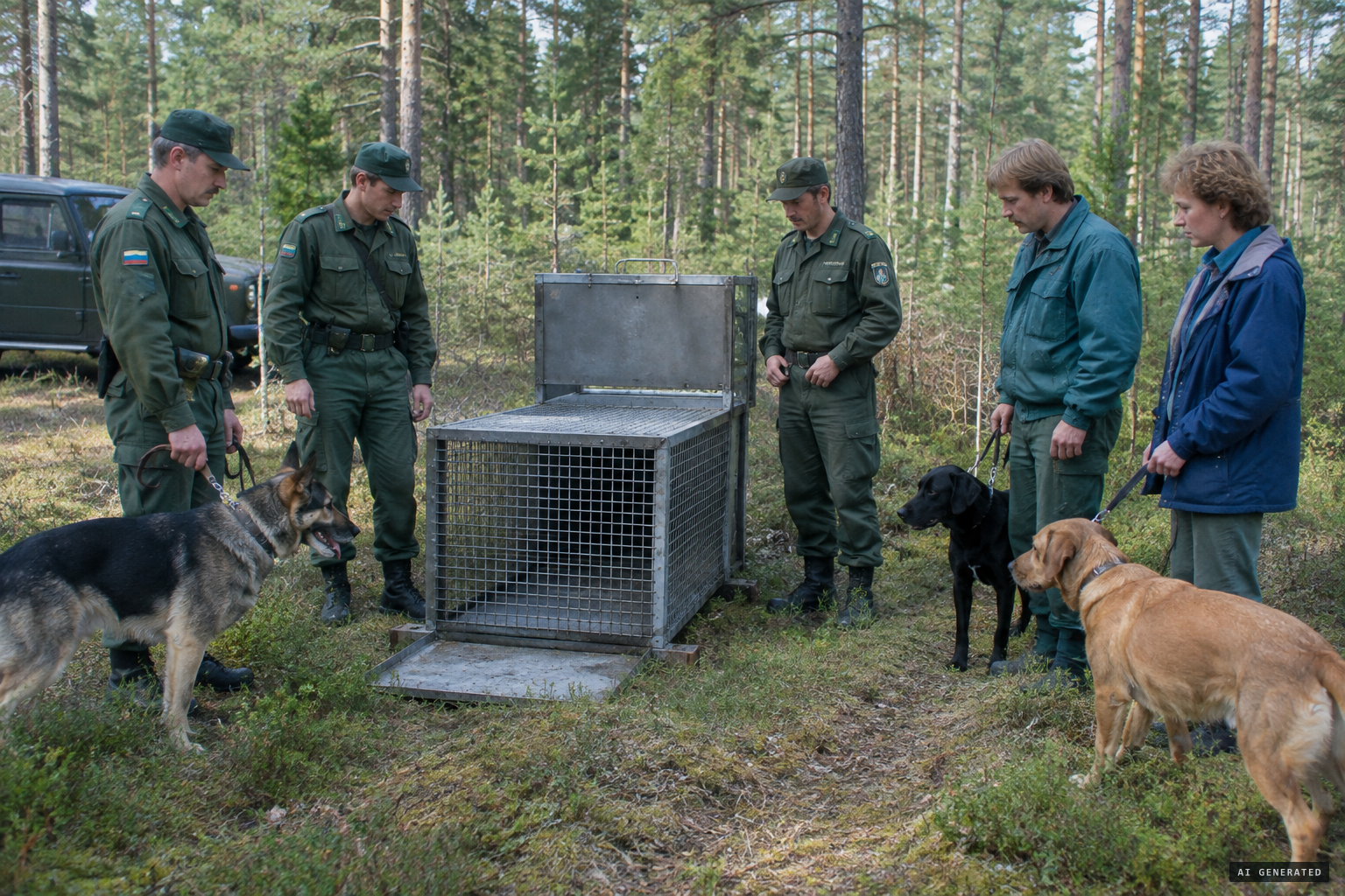 A Korkeasaari team waits with Border Guard soldiers, dogs and steel traps