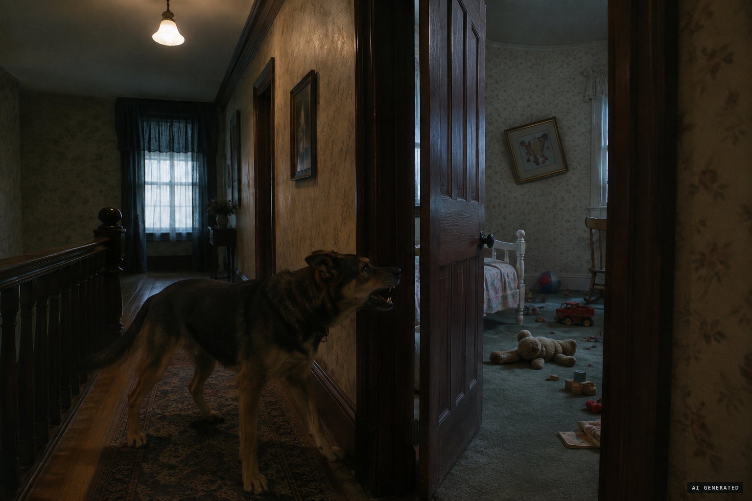 The dog growls at the nursery door as lights dim and toys are scattered.