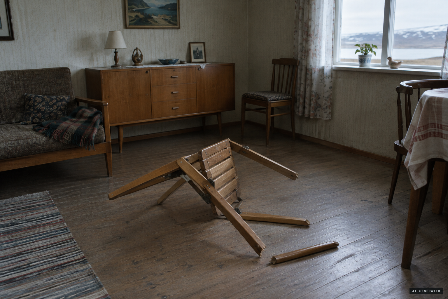 The folding chair thrown into the room, broken