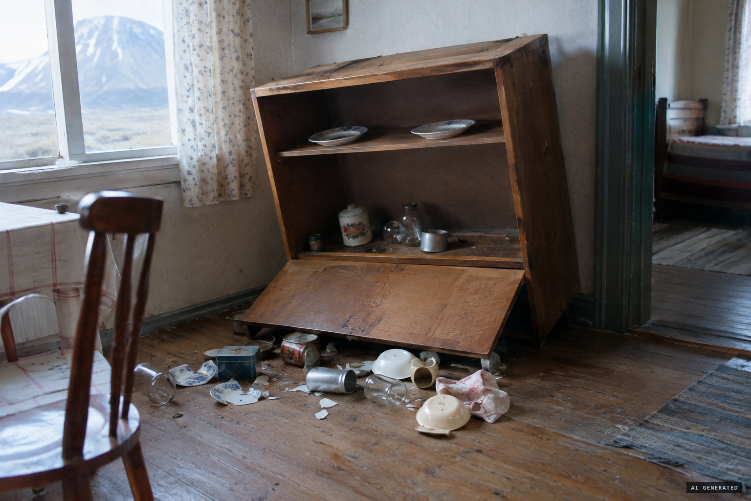 Sigurborg's cabinet falls over, two top-shelf plates stay put
