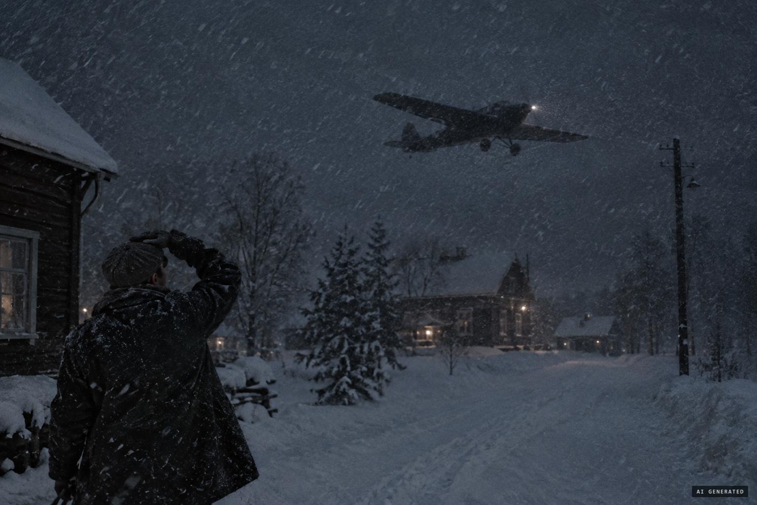 An unmarked ghost flier passing low through a snowstorm at night