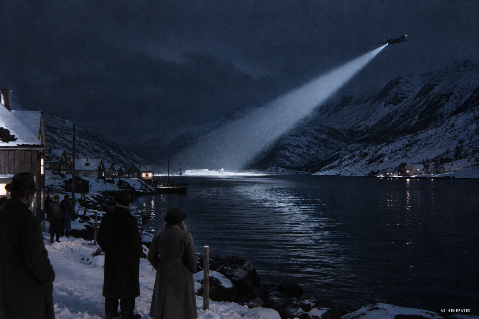 A fjord lit up as if by searchlights while an engine droned overhead