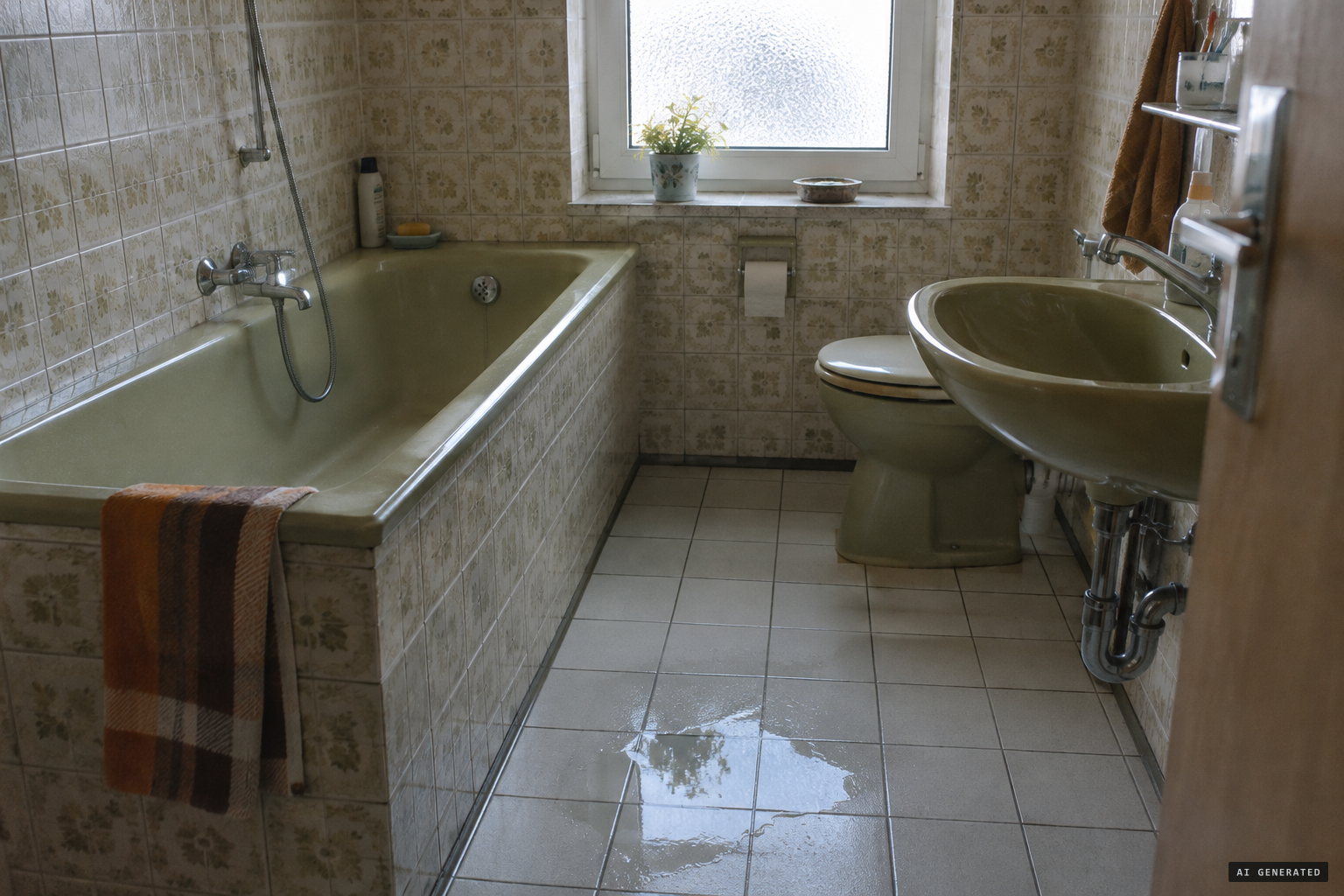 Small puddles appear first in the bathroom