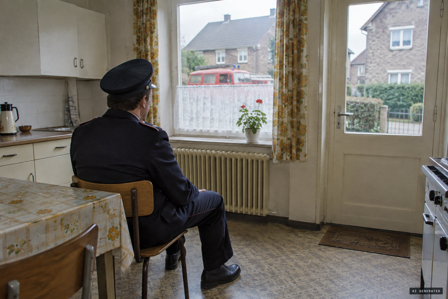 A firefighter keeps watch in the kitchen for hours
