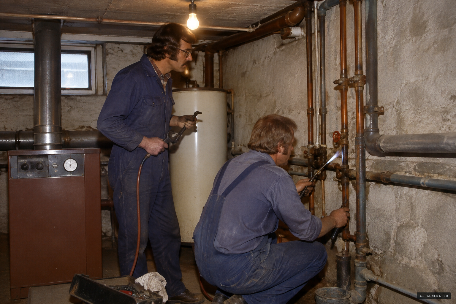 Plumbers check the water and heating pipes and find no leak
