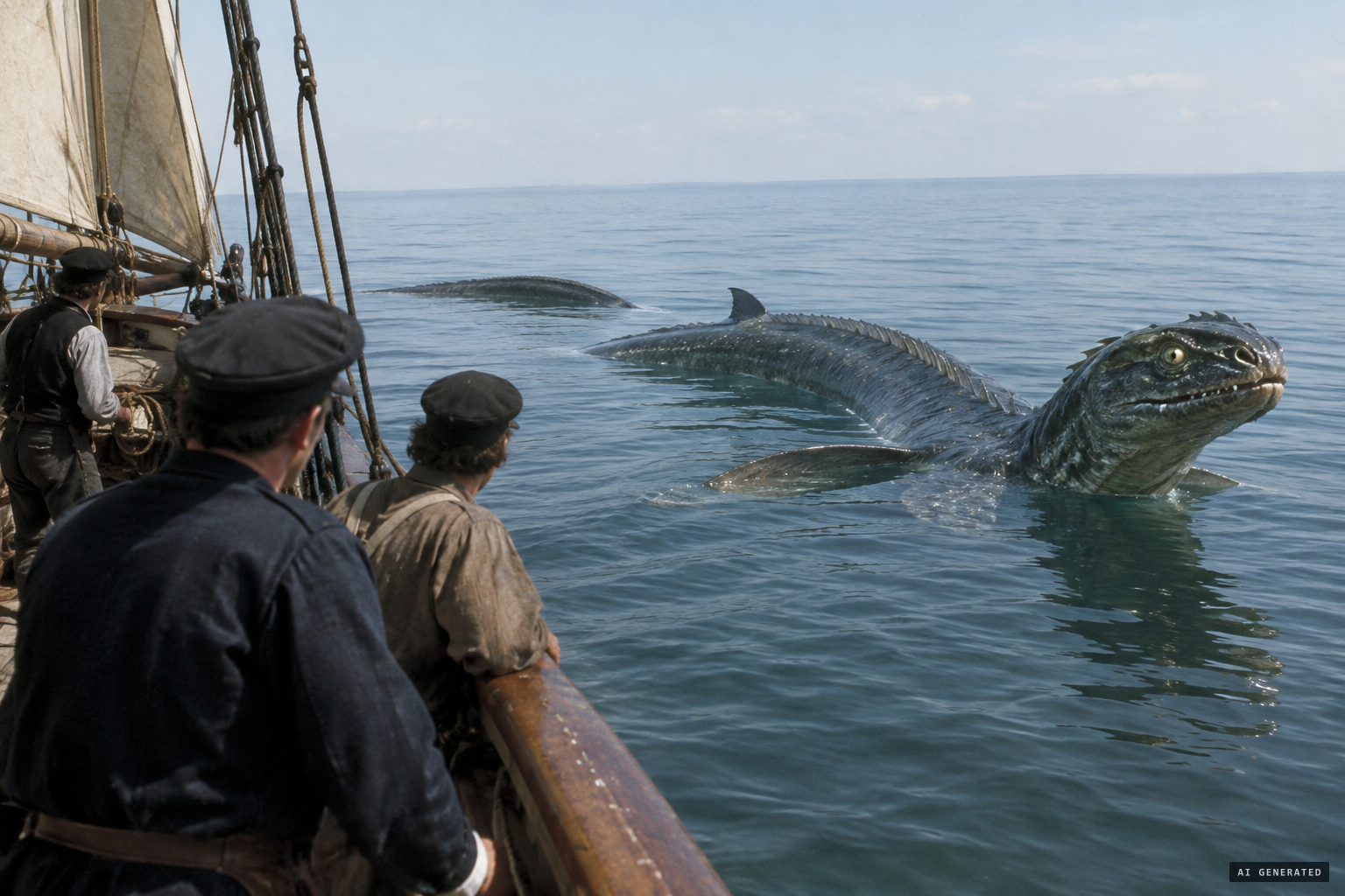 The serpent comes to rest: 50 feet long, large fins, a large head and sparkling eyes