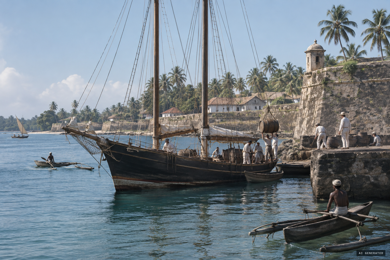The schooner Pearl calls at Galle for water before sailing on toward Rangoon.