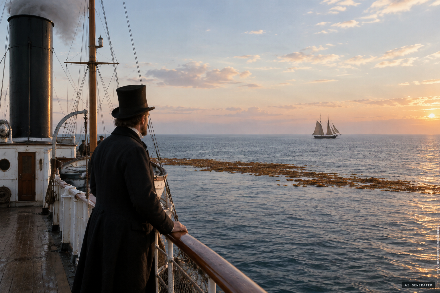 From the steamer Strathowen, a passenger sees a small schooner becalmed two miles off.