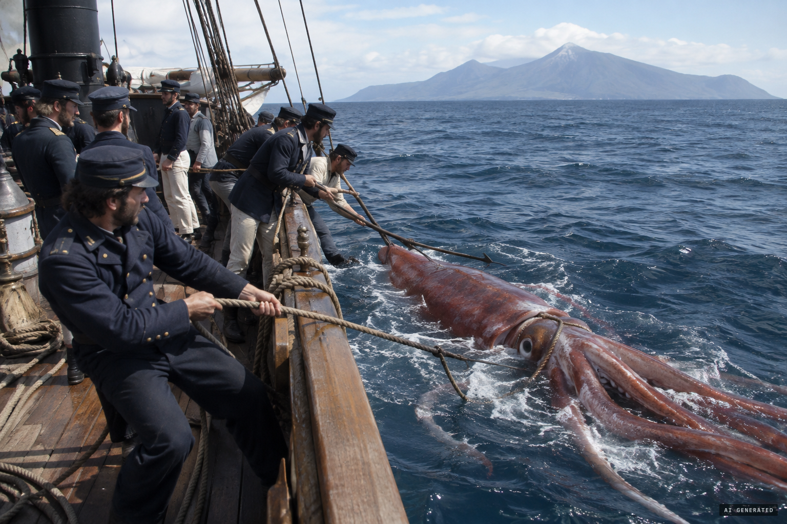 The French corvette Alecton tries to capture a giant squid near Tenerife in 1861.