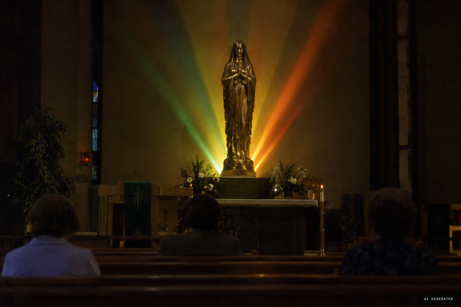 Colored beams fan out from behind the bronze statue of Mary