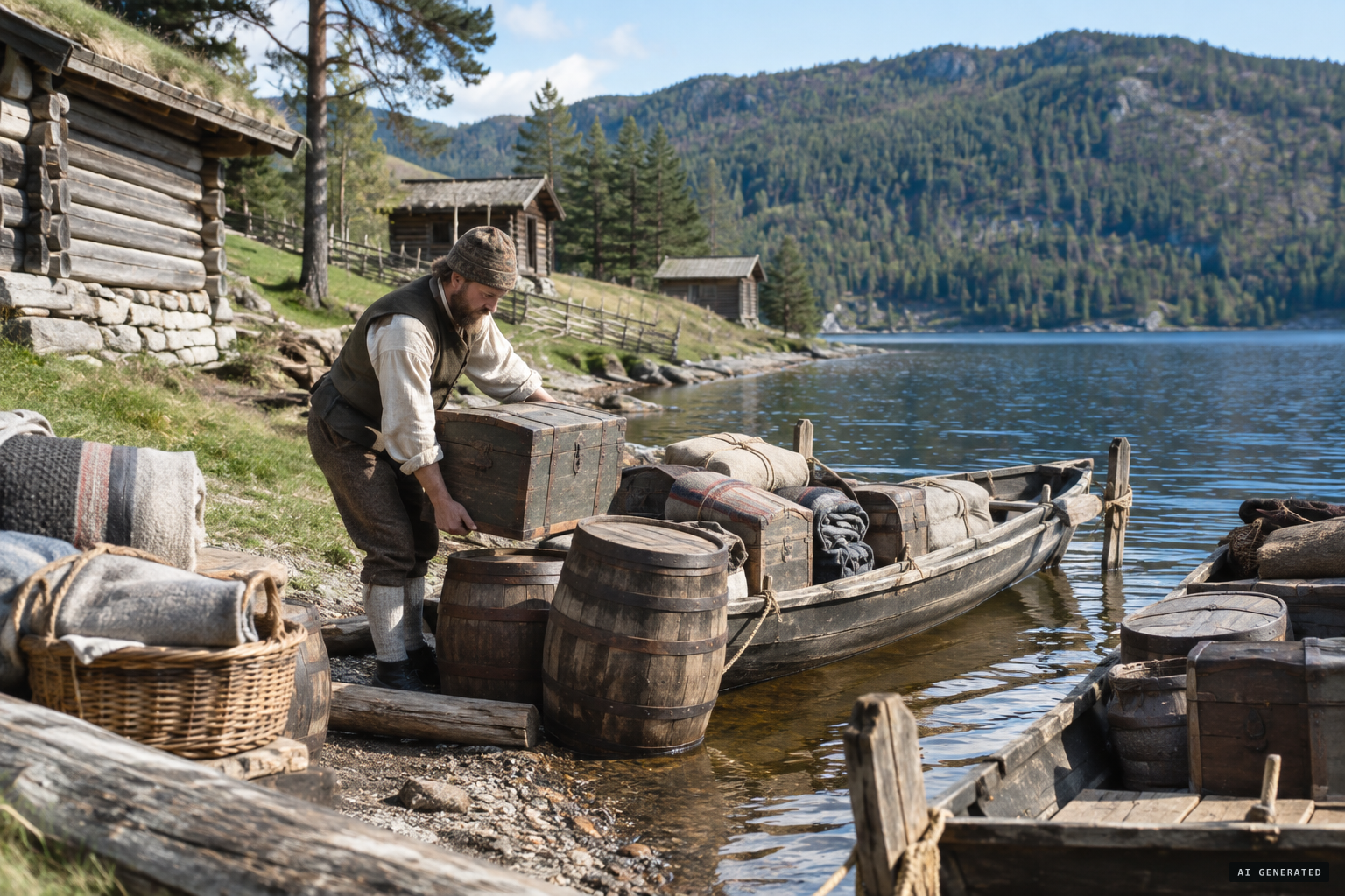 Gunleik Andersson Verpe loads his belongings at Ulvenes to move to Nes by water