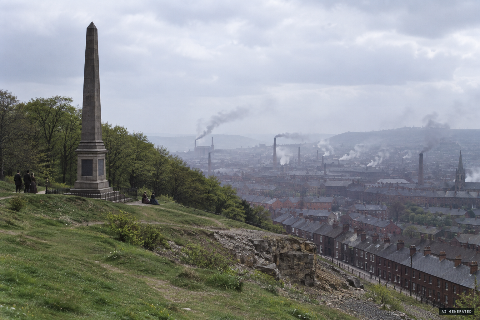 The Cholera Monument above Sheffield, with Clay Wood and the quarry nearby