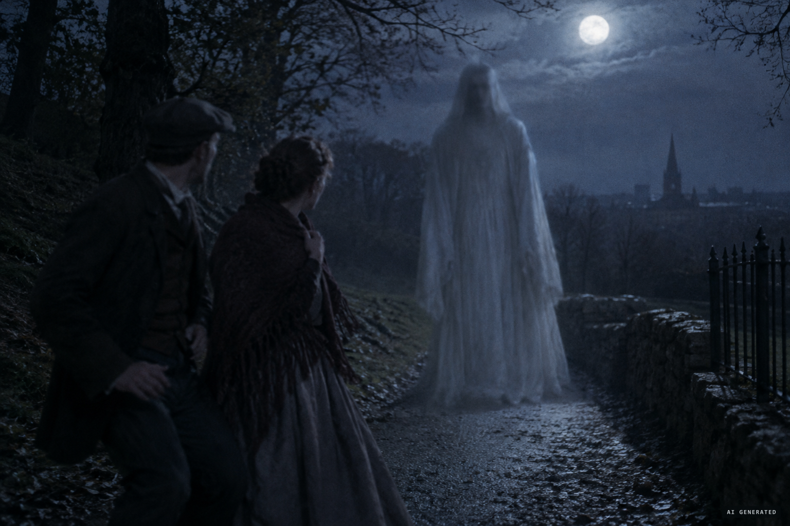 The tall white-robed Park Ghost appears in front of a courting couple