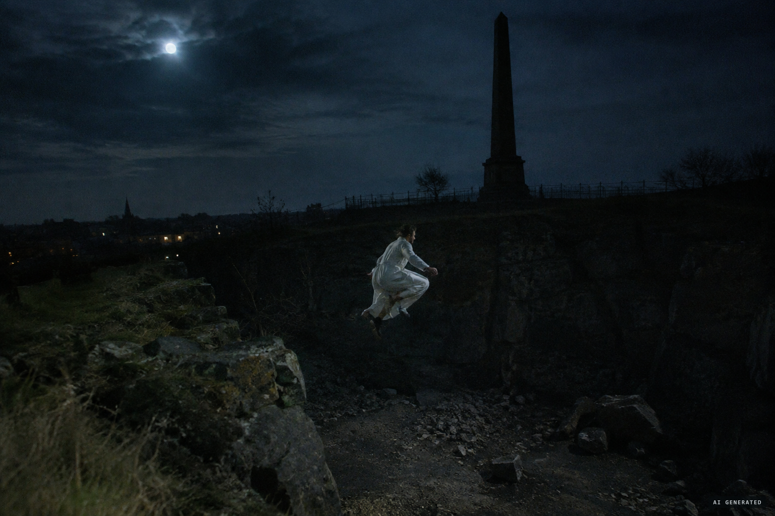 The figure springing and jumping about the quarry by the Cholera Monument