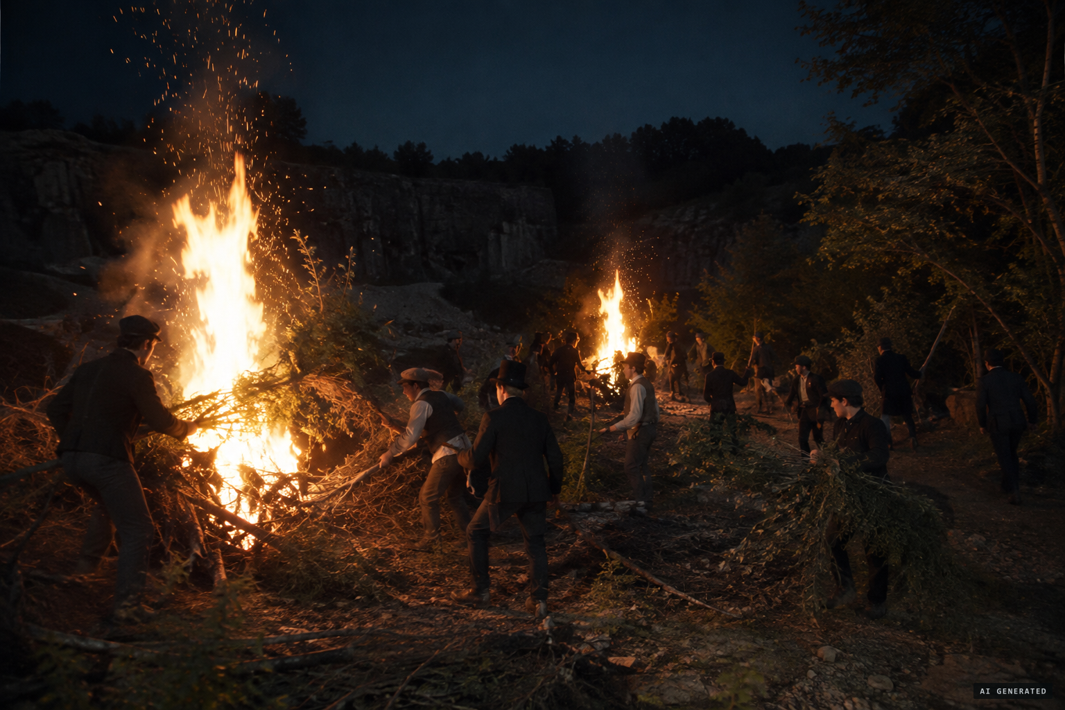 The hunters light fires in the Clay Wood quarry and tear branches to feed them
