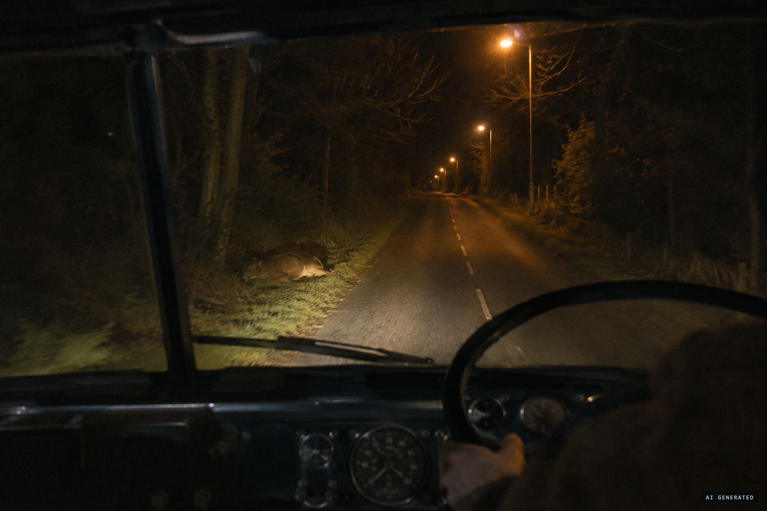 A lorry driver sees a large animal lying by the roadside at 1 am