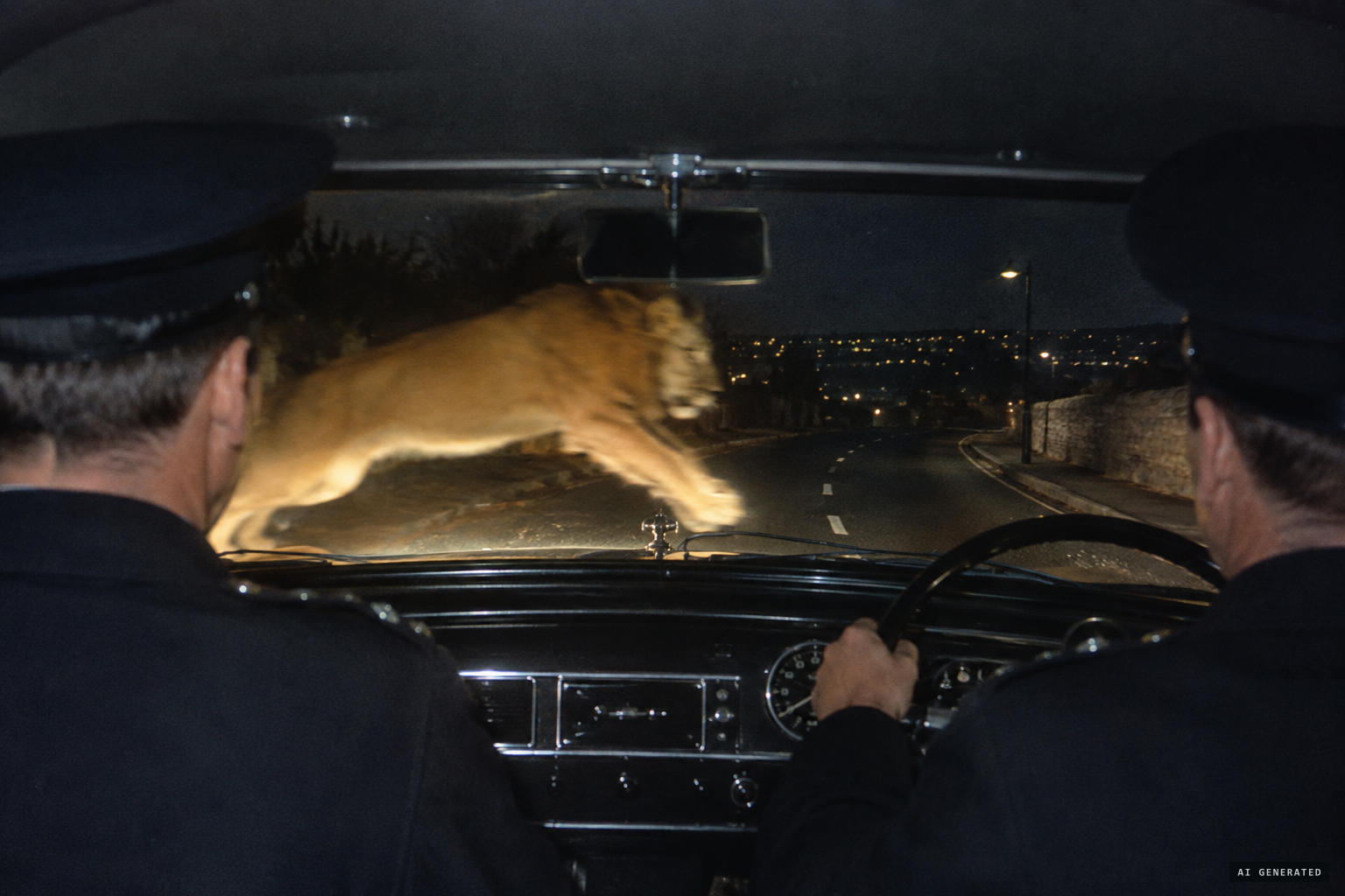 A 'large golden animal' jumps over the bonnet of a police patrol car