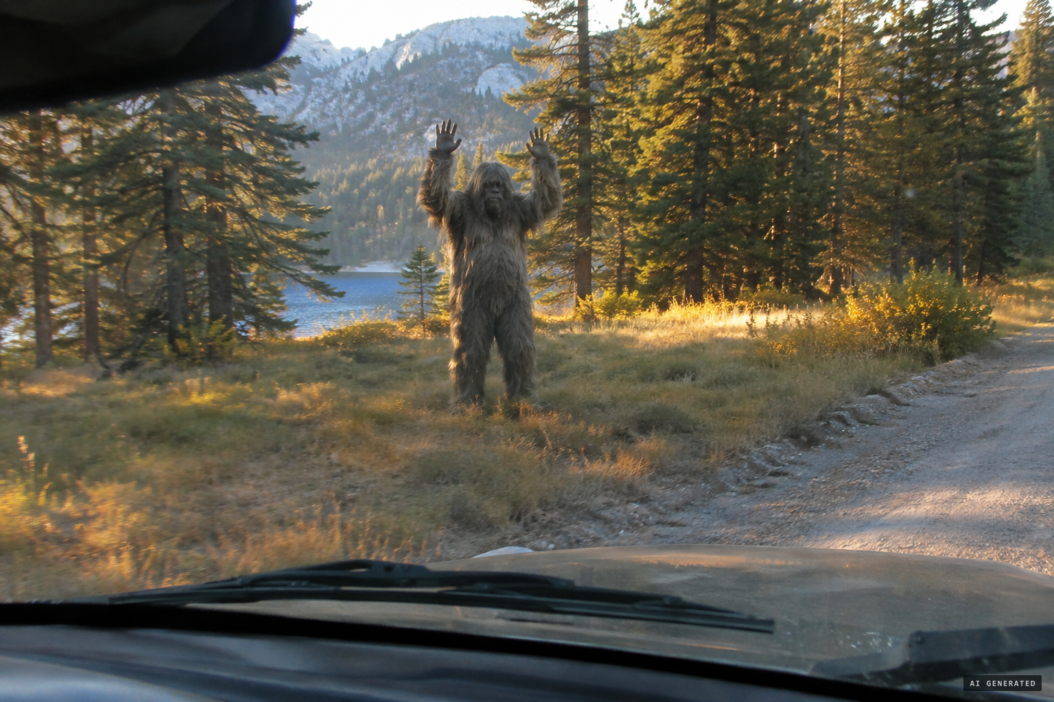 In the meadow, a hairy figure on two legs waves its arms in the air.