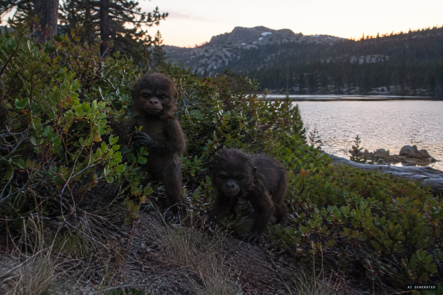 Two small figures with big heads come out of the brush, chattering.