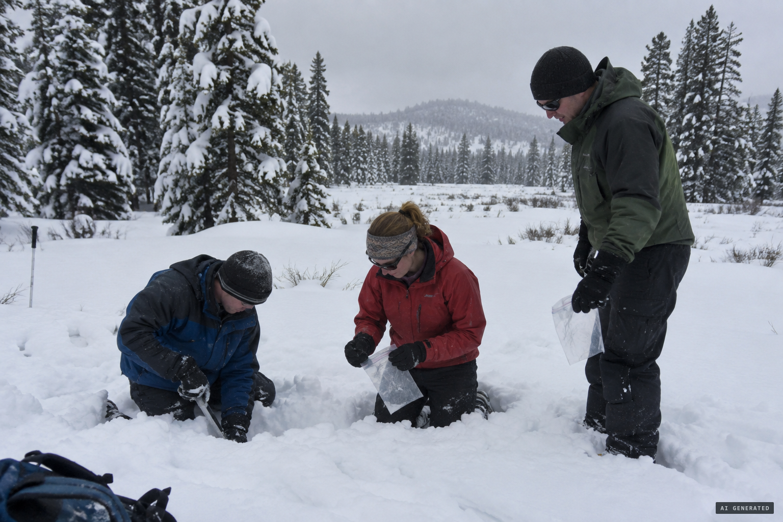 Five weeks later, a search party digs through the snow where the adult fell.