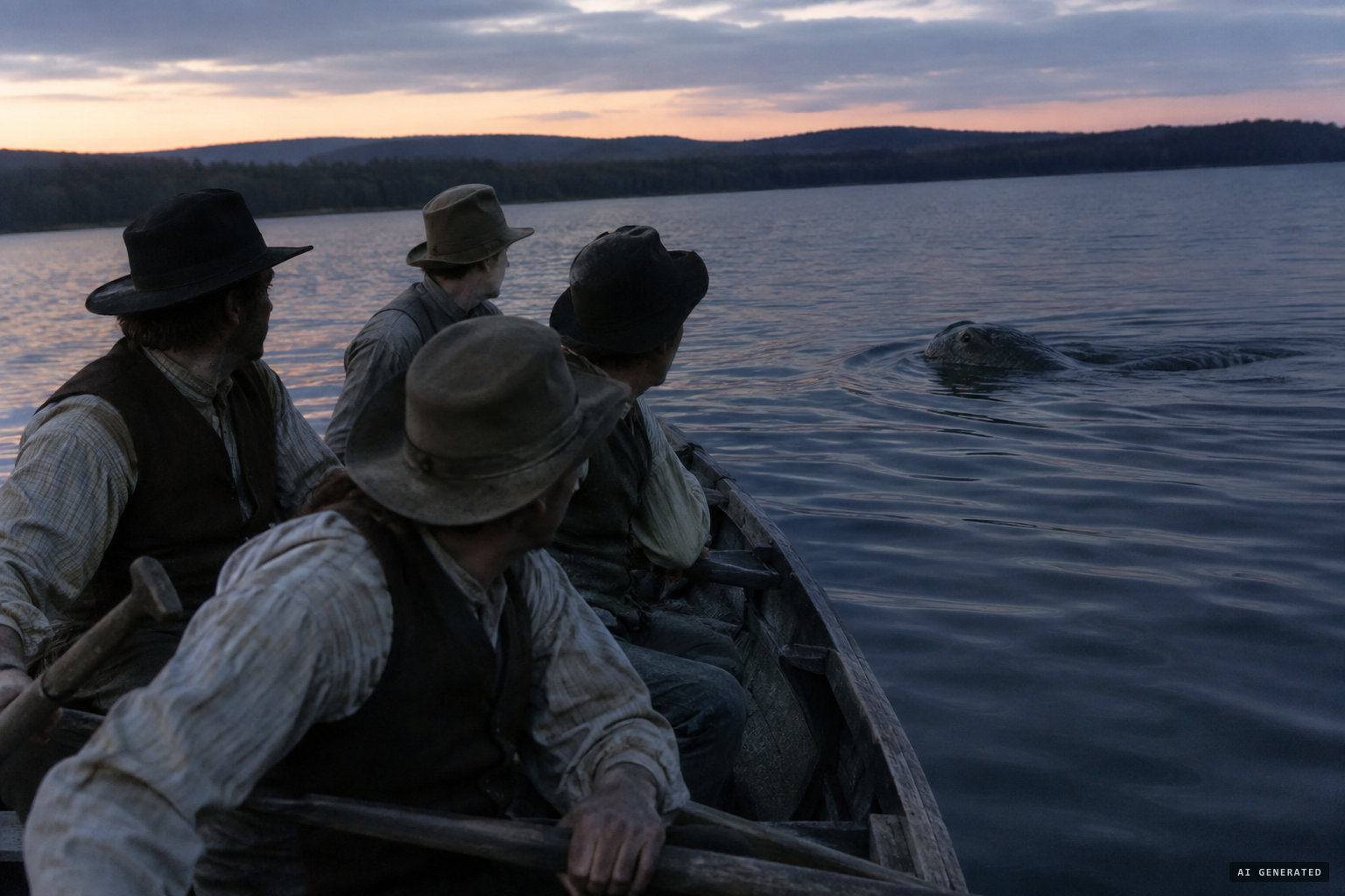 The next night: four fishermen see the monster's head slowly sinking