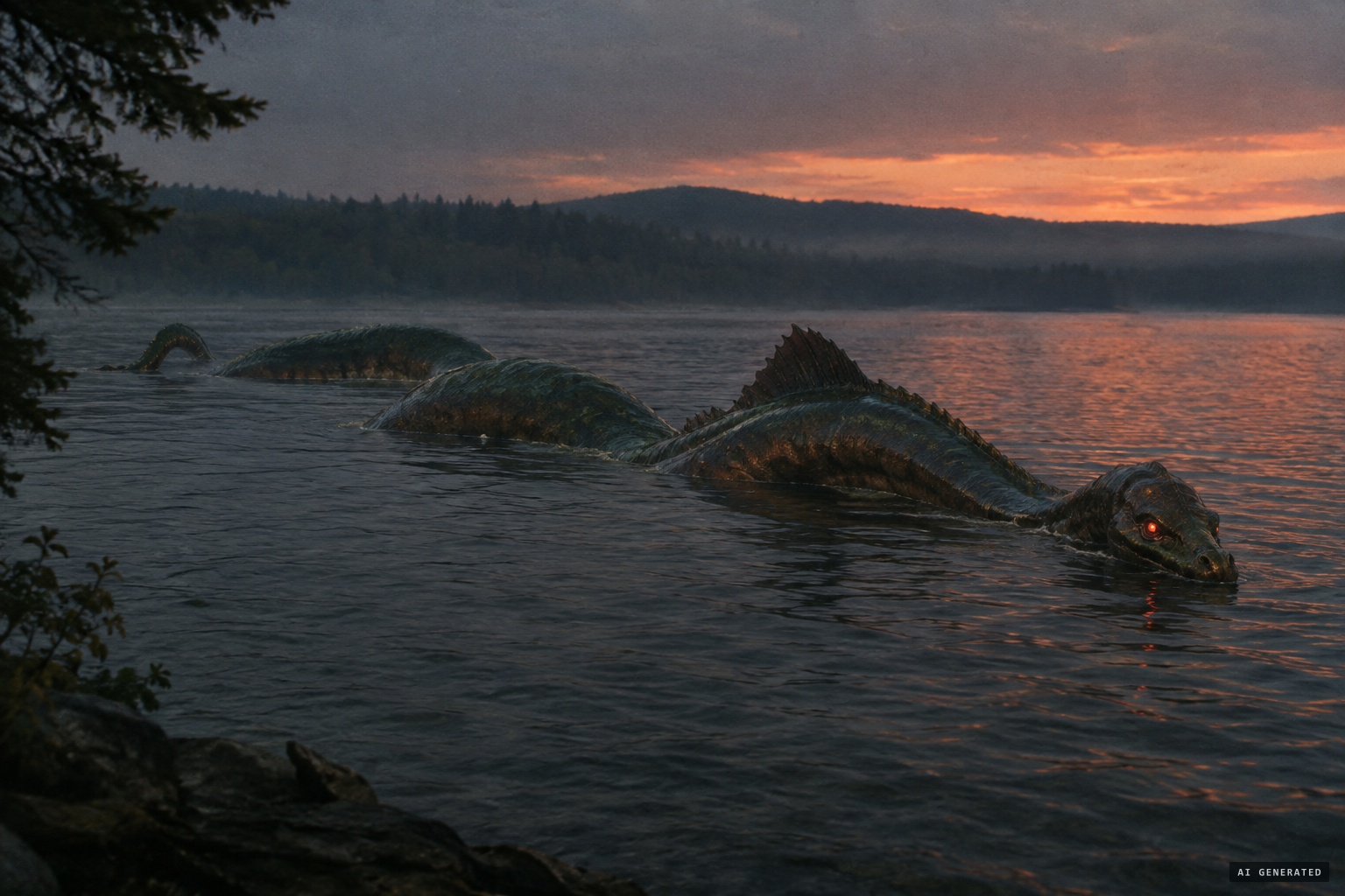 A serpent 60 to 100 feet long, finned, coppery brown and green, with glowing red eyes