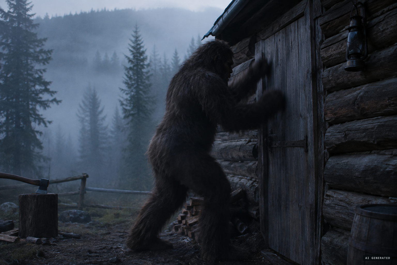 At five in the morning the wild man shakes the Harrison cabin door