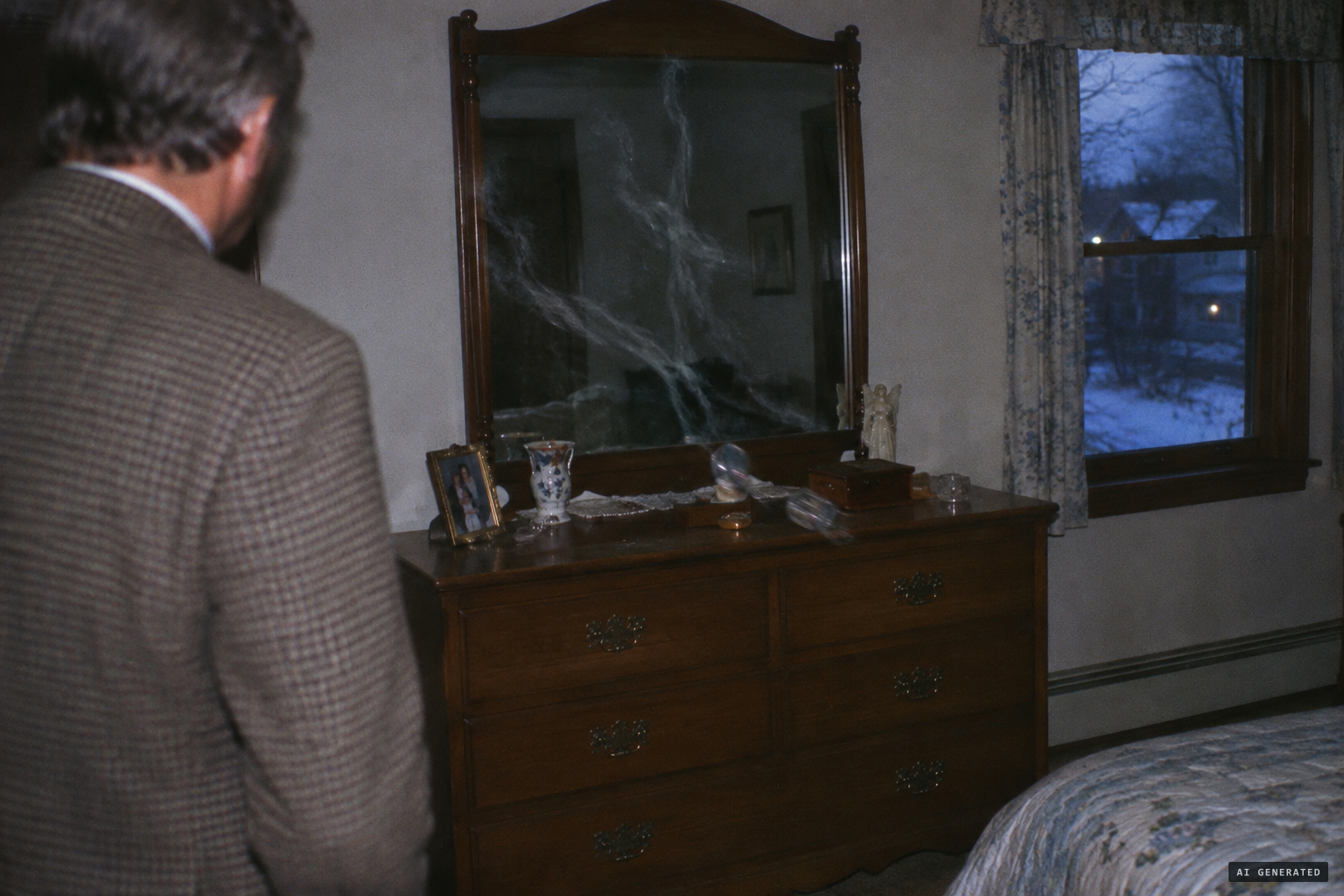 Ed Warren described objects moving and a smoky substance forming on the mirror.