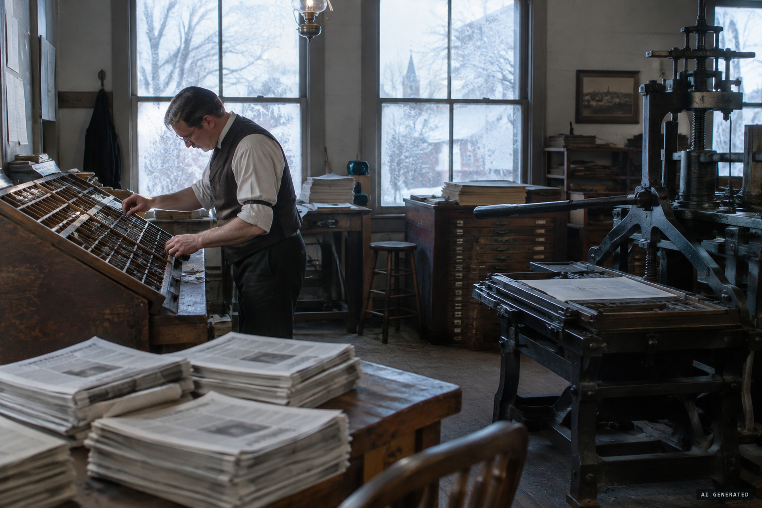 The Valley Register's print shop in Middletown, February 1909