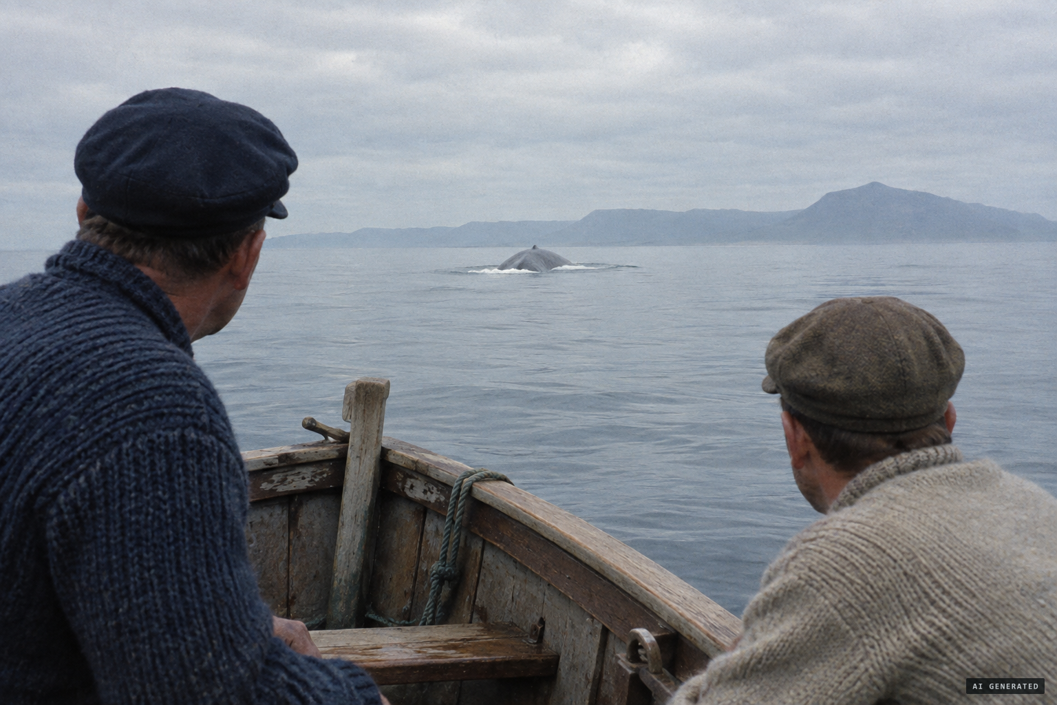 A large dark object steams towards the boat