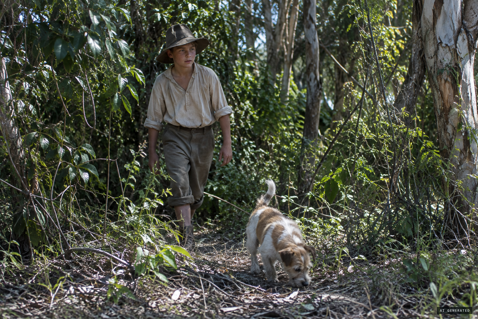 The boy and his small terrier set out, the dog picking up a scent
