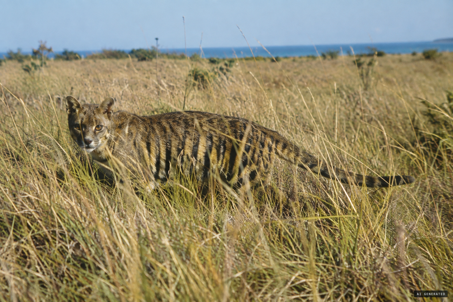 Face to face with a dingo-sized striped beast with a round cat-like head, crouched in the high grass
