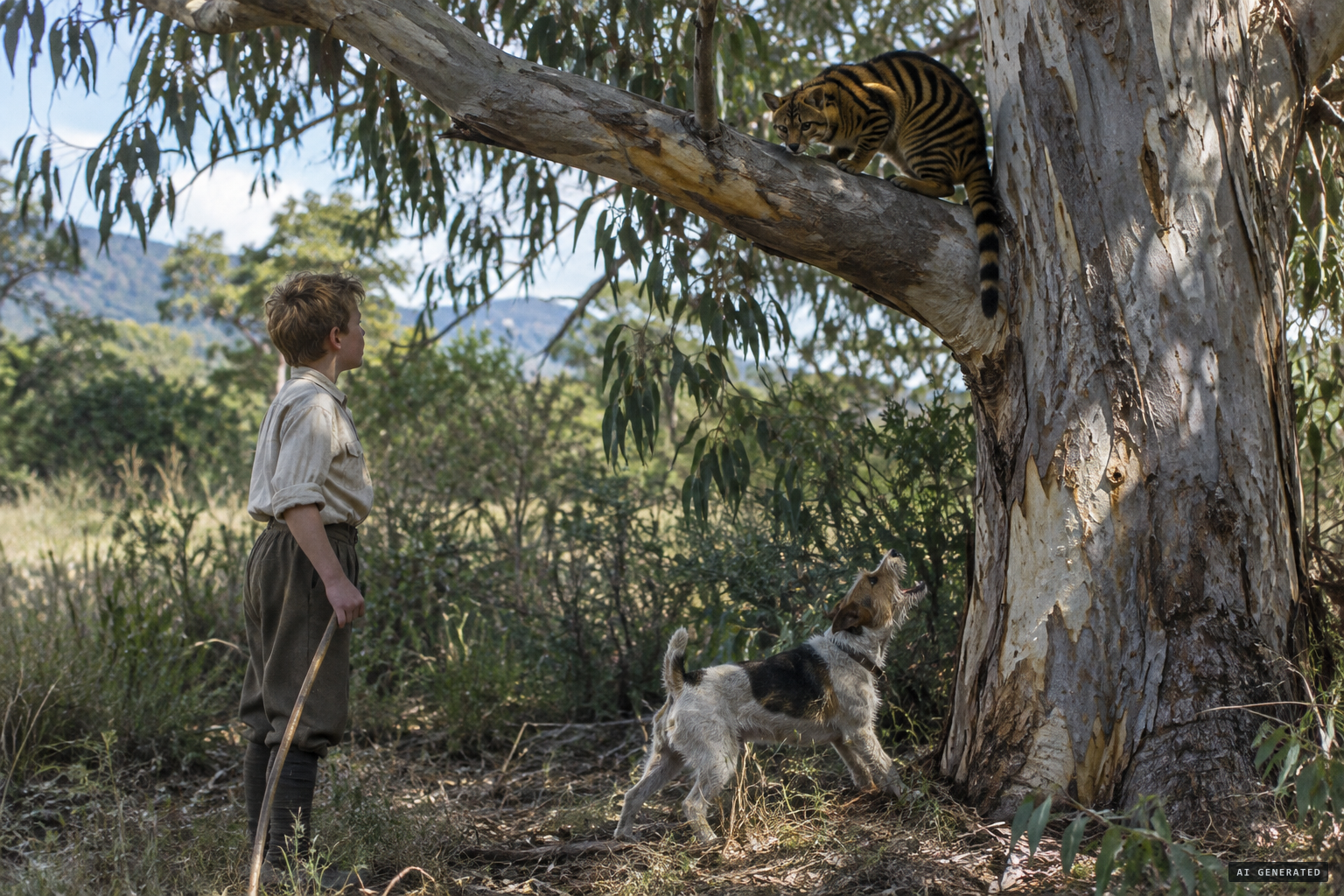 In the modern version, the striped 'cat' goes up a tree as the dog growls