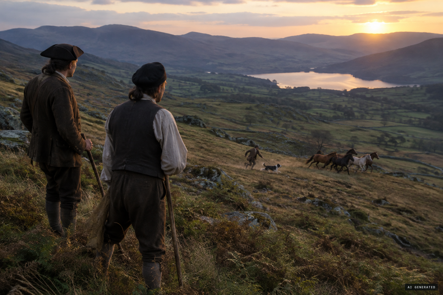 Wren and Stricket see a man with a dog pursuing horses along the fellside
