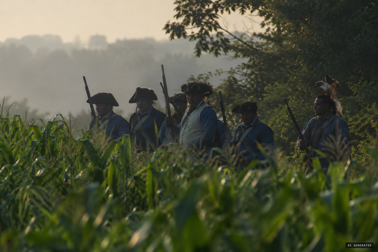 Strangers like Frenchmen and Indians, in blue coats and blue shirts, one in a white waistcoat