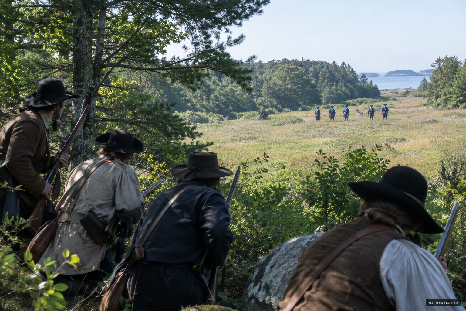 Ezekiel Day's scouts see men dressed in blue by a fresh meadow
