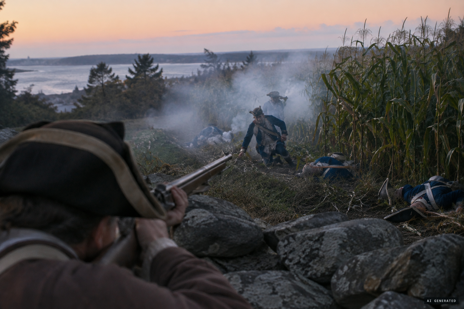 Men at the edge of the corn, falling under musket fire, and rising again