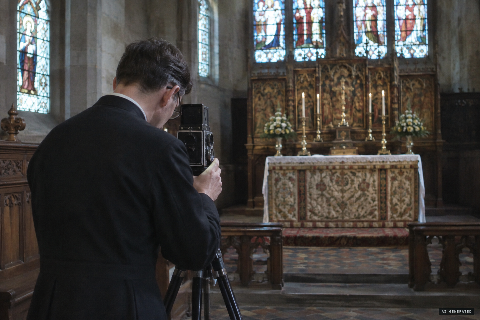 The vicar sets up his Rolleicord camera to photograph the altar