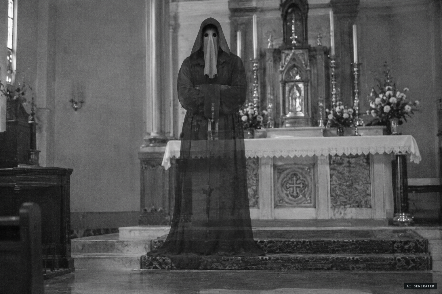 The hooded, masked figure standing on the first stair to the altar