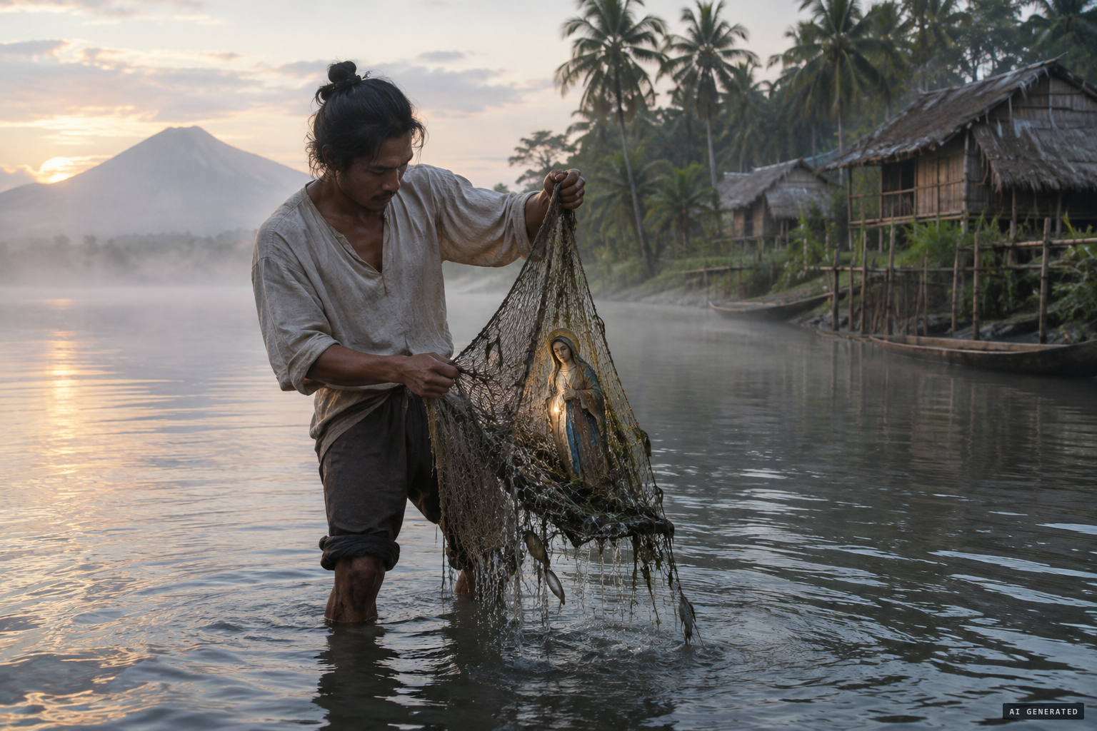 Juan Maningcad nets a small wooden image of the Virgin in the Pansipit River.