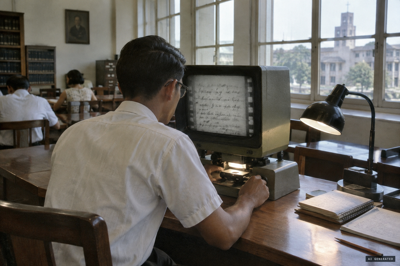 José M. Cruz studies the inquiry on microfilm.