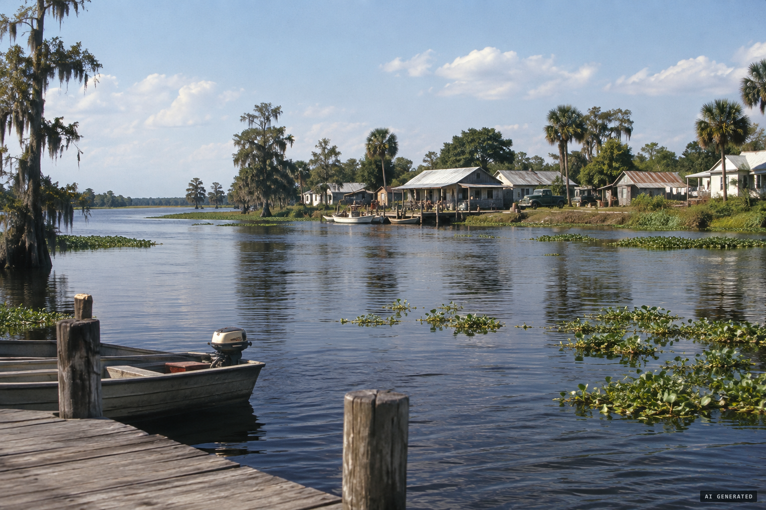 The slow, wide St. Johns River opening into Lake Dexter near Astor