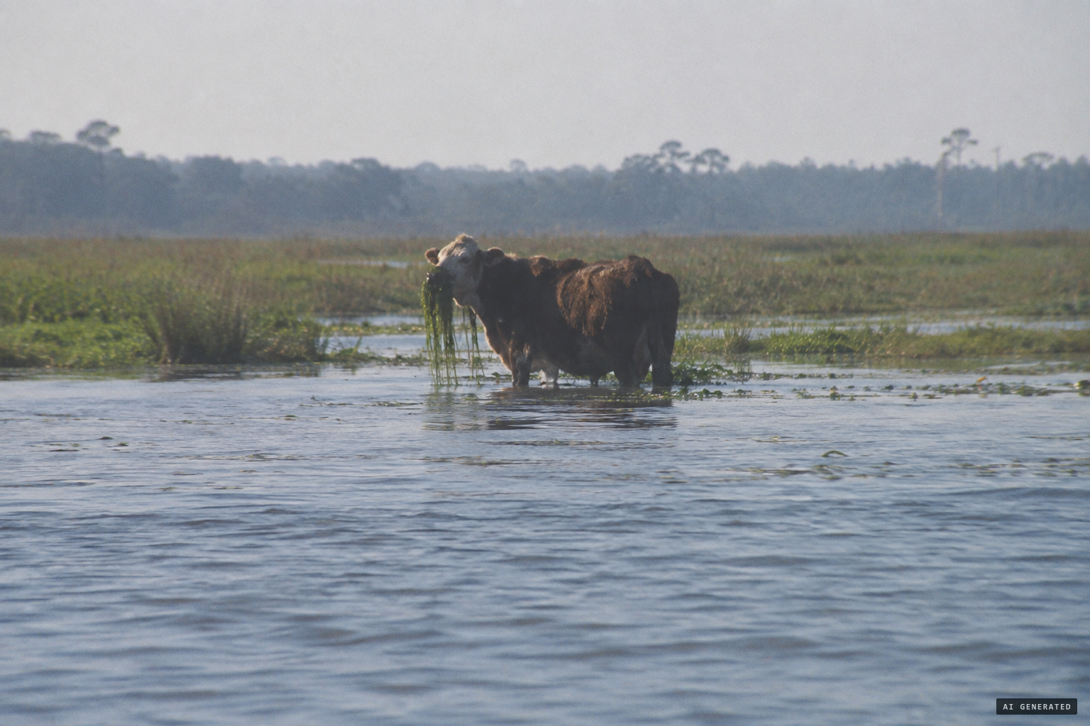 A cow coming up with eelgrass on its head, the Game Commission's explanation