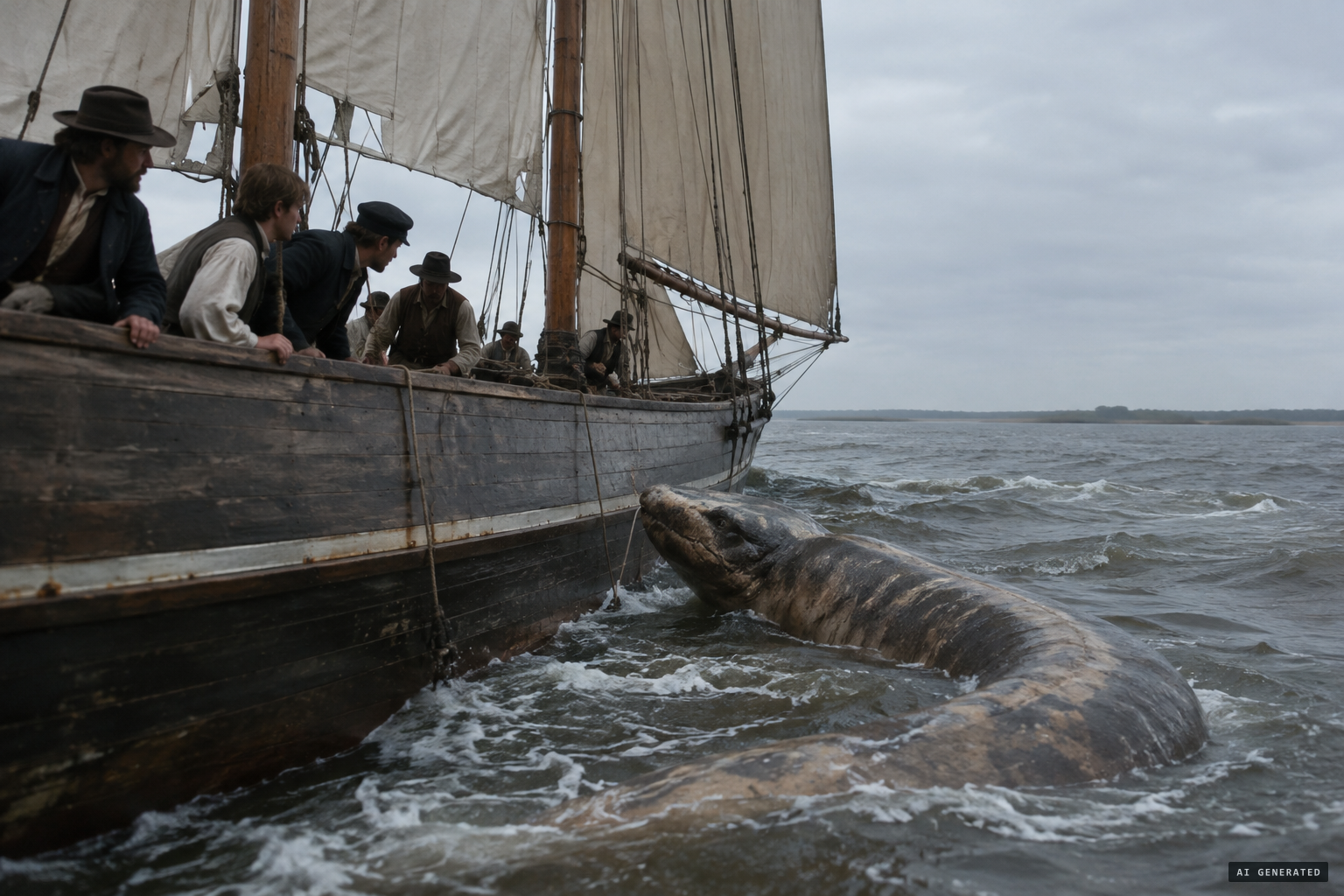 1849: the schooner Lucy and Nancy reports a dirty brown animal of about 90 feet