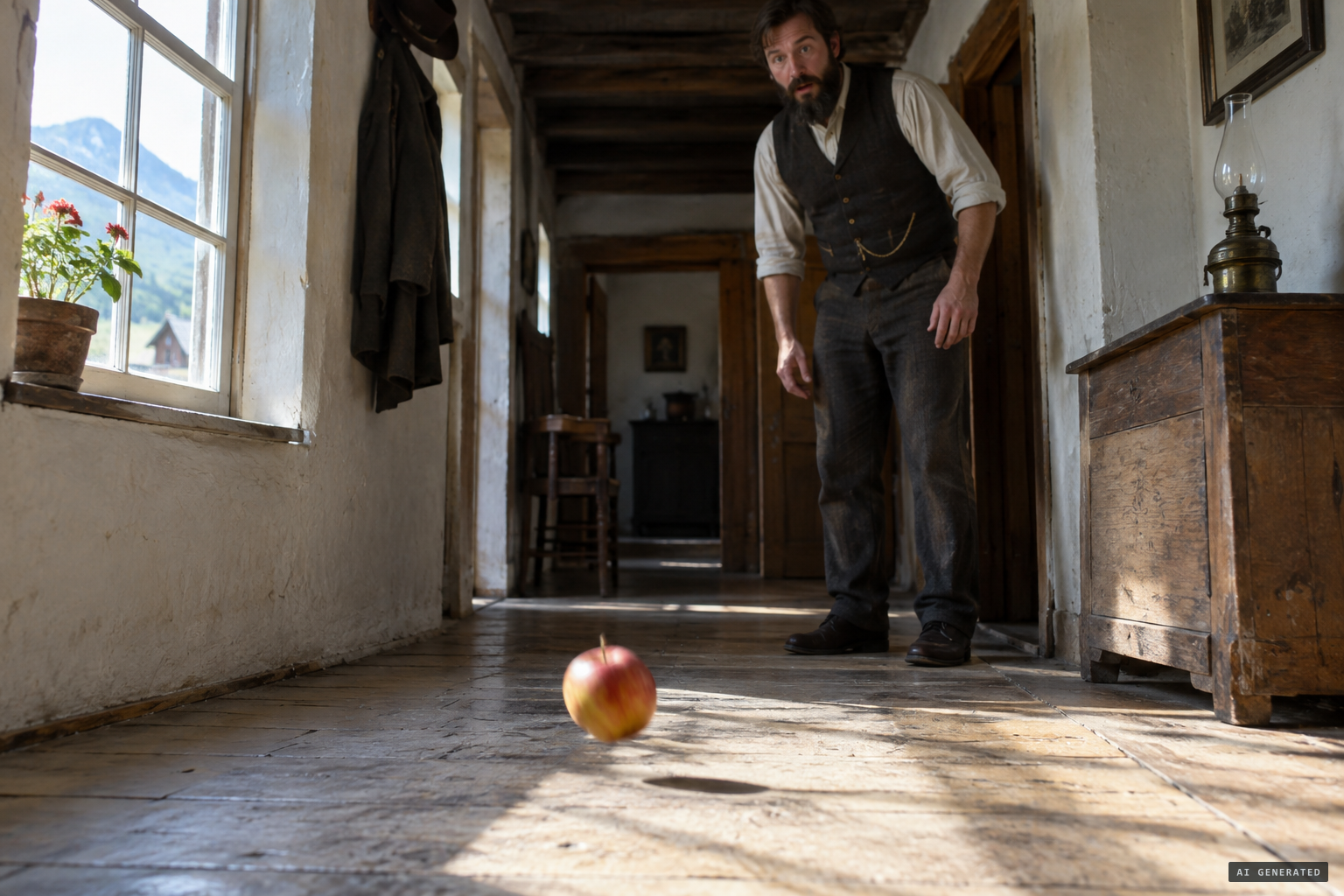 Joller watches an apple jump across the floor